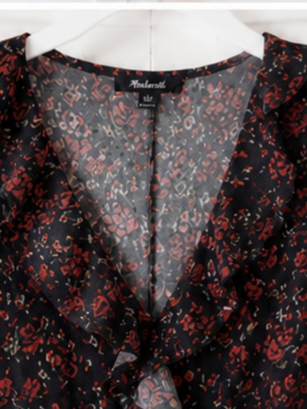 Madewell Floral Ruched Ruffle Midi Dress Black Red Romantic Size 10 - Picture 8 of 8
